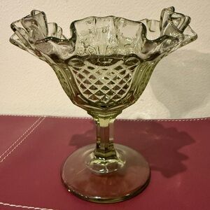 Vintage Fenton Green Colonial Pineapple Ruffled Rim Compote Long Stem Candy Dish